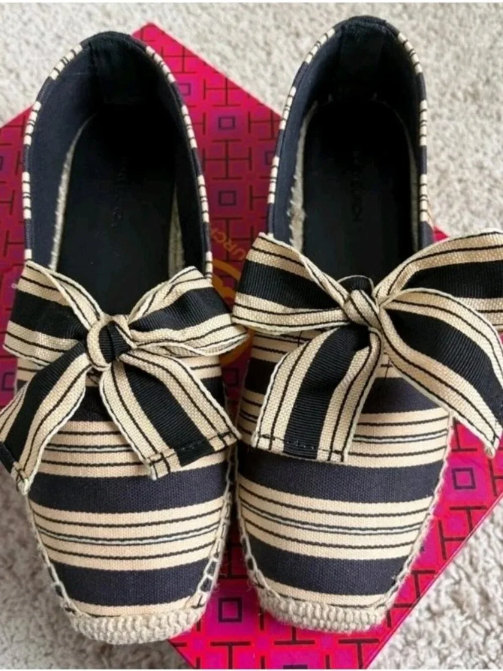Tory Burch Canvas Lace Up Flat Espadrille Navy Latte Stripe Jute Womens Size 6